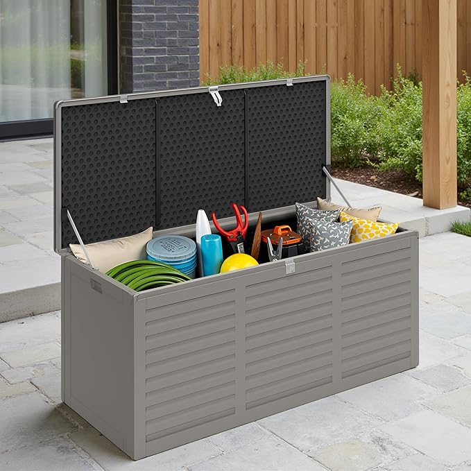 Resin Deck Box 130 Gallon, Lockable & Waterproof Outdoor Storage, UV-Resistant Patio Box for Cushions, Tools, and Outdoor Accessories (GRAY)