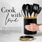 Styled Settings Black and Gold Kitchen Utensils Set with Holder, 8-Piece | Heat Resistant, Nonstick, Black Silicone Cooking Utensils Set, Ceramic Utensil Holder & Stackable Gold Spoon Rest