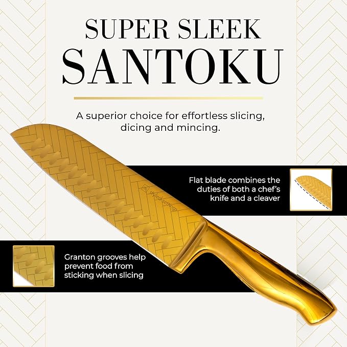 Styled Settings Gold Knife Set with Block and Sharpener, 14-Piece | Stainless Steel, Titanium Gold Knives with Pattern and Knife Block with Built-in Sharpener, Durable, Gold Kitchen Accessories