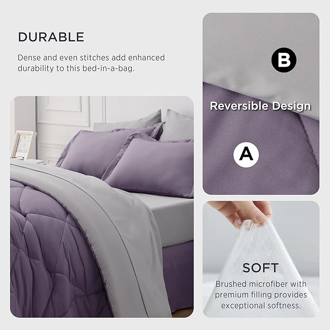 Bedsure Grayish Purple California King Size Comforter Set - 7 Pieces Reversible Cal King Bed in a Bag, Cal King Grayish Purple and Grey Bed Set with Comforters, Sheets, Pillowcases & Shams