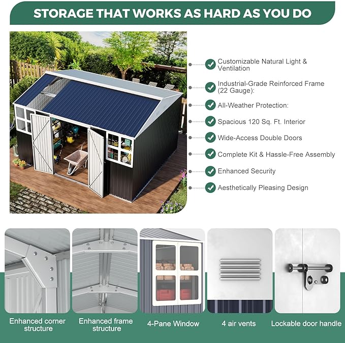 Metal shed 12x10 FT with Floor Kit, Outdoor Storage, Heavy-Duty Garden Sheds with Customizable Skylight & Reinforced Steel Frame, Weatherproof Galvanized Tool Tiny House for Backyard, Patio, and Lawn