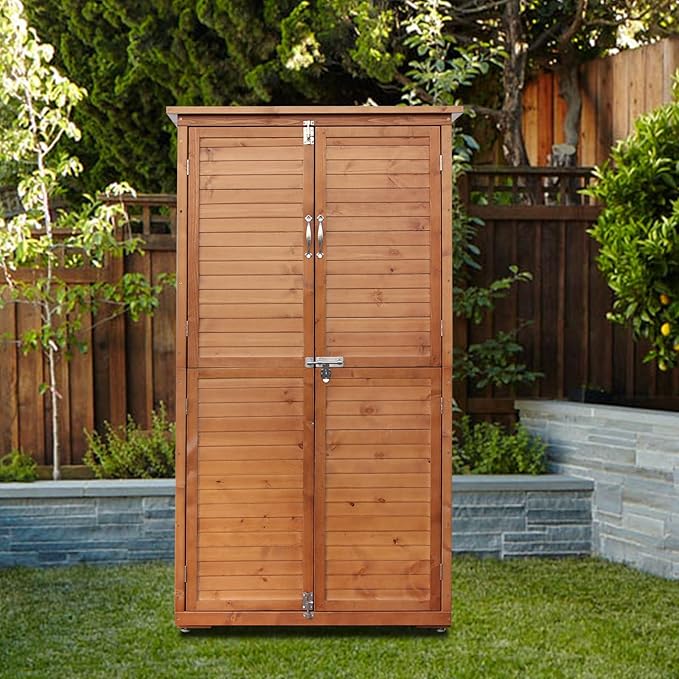 Outdoor Storage Cabinet, Wood Garden Shed, Pool Storage Shed with Lockable Door, Waterproof Roof and 2 Removable Shelves, Vertical Outside Storage Shed for Patio, Backyard and Lawn, Oak Brown