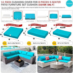 ClawsCover 11Pack Outdoor Seat and Back Cushions Replacement Covers Fit for 5-Seater 6Pieces Wicker Rattan Patio Furniture Conversation Set Sectional Couch Chairs,Turquoise-Included Cover Only