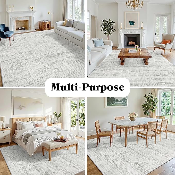 4x6 Washable Area Rug for Living Room Bedroom: Non-Slip Modern White Gray | Machine Washable TPR Backing, Stain-Resistant Low Pile, Pet & Kid Friendly, Abstract Decor for Dining Room, Dorm, Home Office