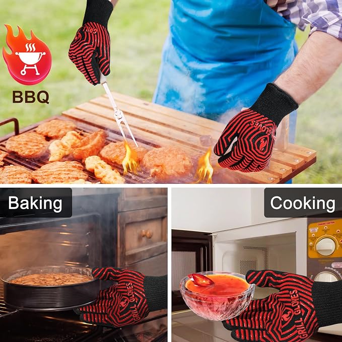 QUWIN BBQ Gloves, BBQ Accessories 1472℉ Extreme Heat Resistant, Grilling Gloves Silicone Non-Slip Oven Mitts, Kitchen Gloves for BBQ, Grilling, Cooking, Baking-1 Pair 11inch, Red