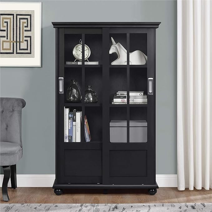 Ameriwood Home Aaron Lane Bookcase with Sliding Glass Doors, Black