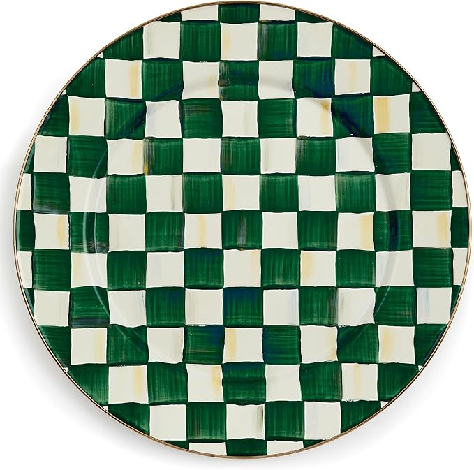 MACKENZIE-CHILDS Enamel Serving Platter, Decorative Serving Platter for Food, 16 Inches, Green-and-White Emerald Check