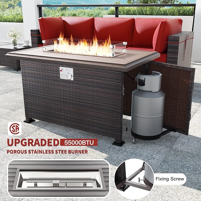 Kullavik 15PCS Outdoor Patio Furniture Set with 43" 55000BTU Gas Propane Fire Pit Table PE Wicker Rattan Sectional Sofa Patio Conversation Sets w/8 Coner Sofas,Red