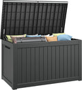 230 Gallon Large Resin deck box Waterproof,Outdoor Storage Bench,Patio Storage Box,Garden Tool Storage,UV-Resistant & All-Weather,Wood-like Striped BLack