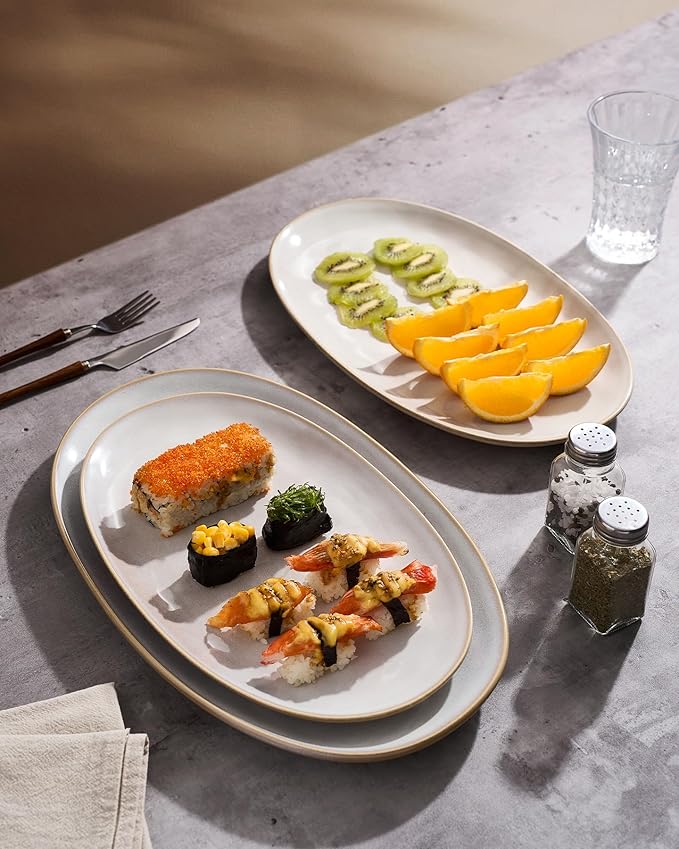 famiware Serving Platter, Oval 15.59/14.3/12.9 inch Serving Dishes for Entertaining, Serving Bowls, Microwave Safe, Stonware Serving Trays for Party, Turkey, Cheese, Ocean Series, Cappuccino White