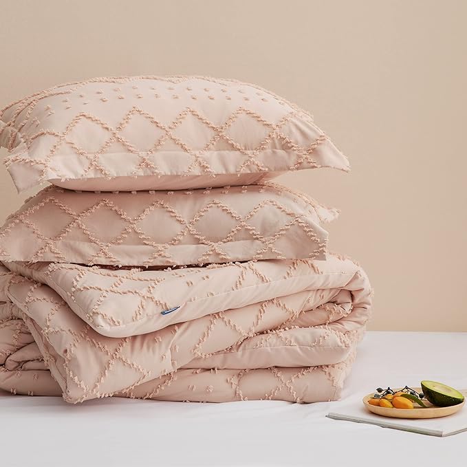 Bedsure Twin/Twin XL Comforter Set - Coral Pink Boho Twin Extra Long Comforter Set for College, Shabby Chic Dorm Bedding Set, 2 Pieces Modern Farmhouse Bed Set, includes 1 Pillow Sham