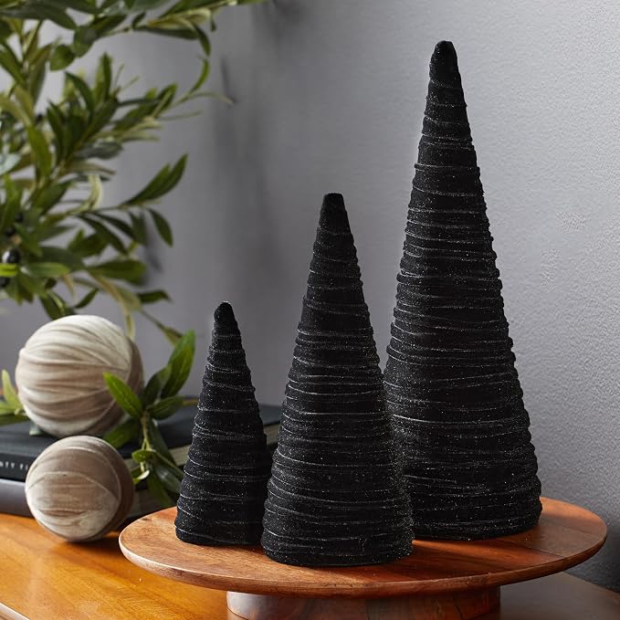 Your Heart's Content Black Velvet Trees Set of 3, Handcrafted Mantel Decor, Valentine Tree Tablescape, Holiday Table Centerpiece, Minimalist Shelf Sitter, Elegant Gift for (Black)