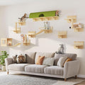 16-in-1 Cat Shelves for Wall, Cat Wall Furniture w/Tunnel & Bridge | Multi-Level Floating Cat Shelves for Space Saving, Solid Wood Cat Climbing System with Scratching Posts, 2 Condos, Burlywood