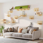 16-in-1 Cat Shelves for Wall, Cat Wall Furniture w/Tunnel & Bridge | Multi-Level Floating Cat Shelves for Space Saving, Solid Wood Cat Climbing System with Scratching Posts, 2 Condos, Burlywood