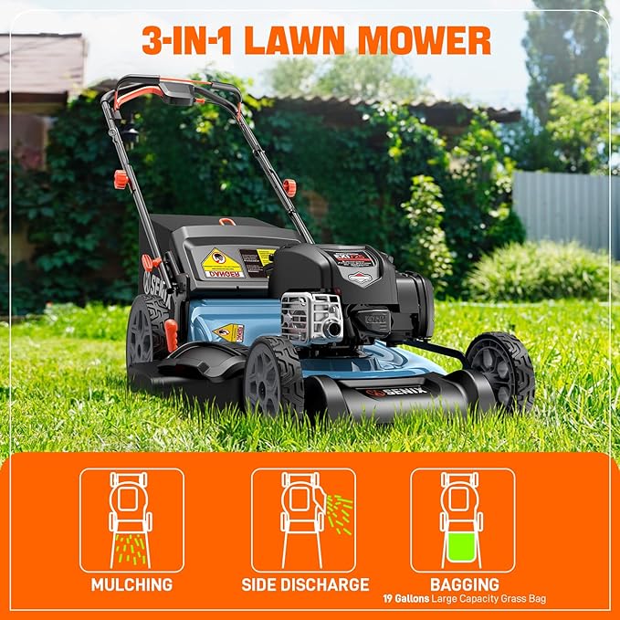 SENIX LSSG-H2 22-Inch Self Propelled Gas Lawn Mower with 163 cc 4-Cycle Engine, 3-in-1 Rear Wheel Drive Variable Speed Lawnmower, 6-Position Height Adjustment