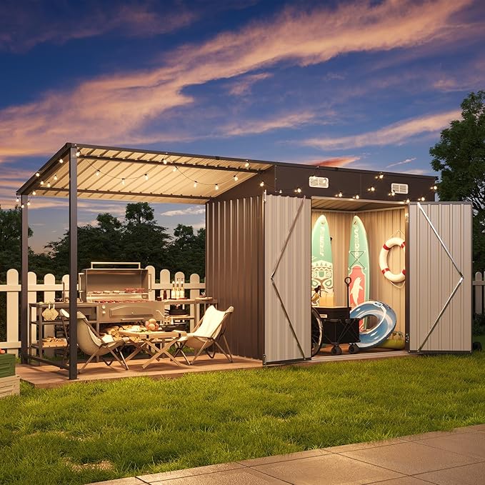 Aoxun 6x4FT Outdoor Storage Shed & Hardtop Gazebo Combo, 12x4FT Metal Lean to Shed with Open-Sided Pergola, 2-in-1 Durable Garden Tool Shed for Patio, Backyard, Deck