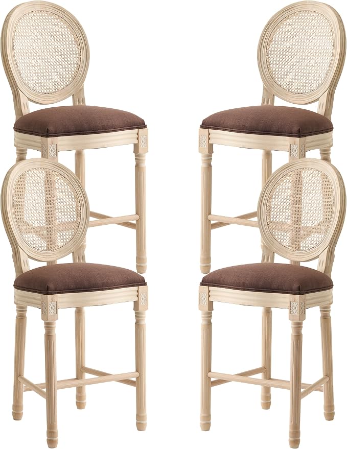 French Country Barstool, Linen Farmhouse Counter Height Chair | Set of 4, with Rattan Round Back and Solid Wood Legs, Oval Chairs for Restaurant, Bar, Kitchen, Café, Brown