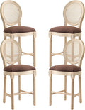 French Country Barstool, Linen Farmhouse Counter Height Chair | Set of 4, with Rattan Round Back and Solid Wood Legs, Oval Chairs for Restaurant, Bar, Kitchen, Café, Brown