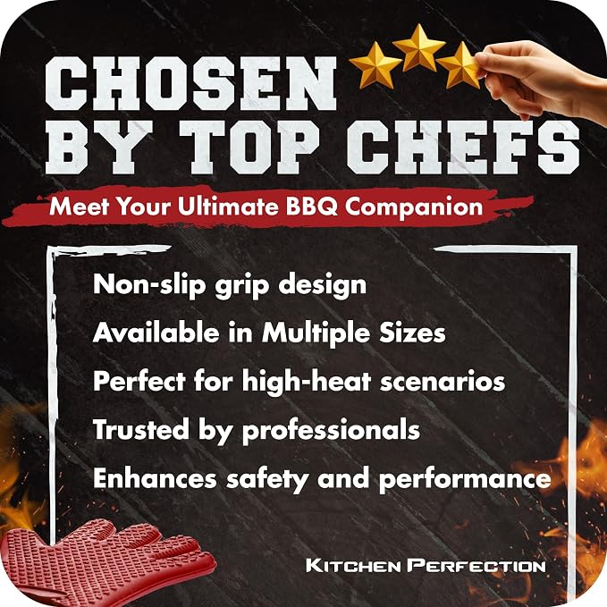 KITCHEN PERFECTION XL Silicone Smoker BBQ Gloves -Heat Resistant Oven Mitts | Waterproof, 5-Finger Design For A Better Grip, for Pitmasters, Meat Smoking, Grilling, Cooking, Frying Turkey | Grill Gift