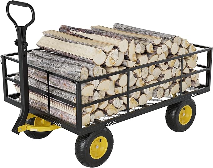 3-in-1 Heavy-Duty Steel Garden Cart, 1200 Lbs Garden Wagon, with 13 Inch All-Terrain Tires and Removable Mesh Side Panels, 180° Rotating Handle, Metal Multi-Function Carts, Outdoor Gardens Wagon Cart