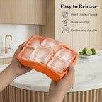 KitchFort® Large Silicone Ice Cube Tray (3-Pack), Easy Release 2" Big Ice Cubes - Cocktail, Whiskey Ice Cubes Mold - Ice Trays for Freezer with Lid - Stackable Silicone Ice Tray - Orange