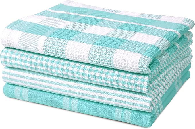 LANE LINEN 100% Cotton Kitchen Dish Cloths, Ultra Soft Absorbent Quick Drying Dish Towels, Multiweave Wash Cloths Dish Towel Sets, 13x28 Inches, 4 Pack - Aqua
