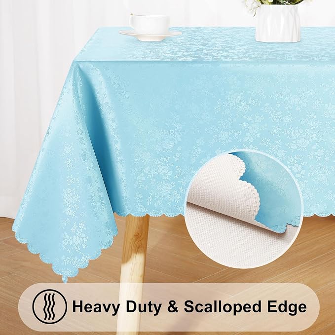 Smiry Rectangle Waterproof Heavy Duty Vinyl Tablecloths, 60 x 102 Inch | Wipeable Washable Floral Embossed Table Cover for Kitchen and Dining Room, Indoor & Outdoor Use, Light Blue