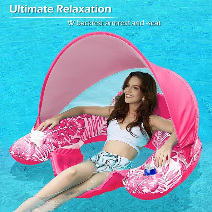 Jasonwell Pool Float with Canopy - Inflatable Pool Floaties Adult Floating Pool Chair Lounge Floats for Swimming Pool Water Chair Pool Lounger with Cup Holders Pool Toy Party Floaty for Adults