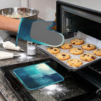 Turquoise Grey Oven Mitts and Pot Holders (4PCS),Teal Modern Art Heat Resistant Non-Slip Silicone Kitchen Gloves for Cooking, Baking, BBQ Waterproof Kitchen Accessories