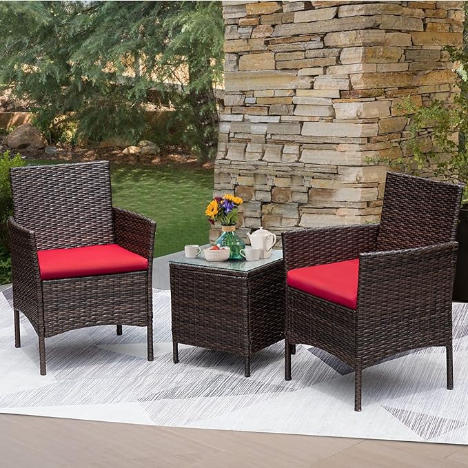 Greesum 3 Pieces Patio Furniture Sets Outdoor PE Rattan Wicker Chairs with Soft Cushion and Glass Coffee Table for Garden Backyard Porch Poolside, Brown and Red