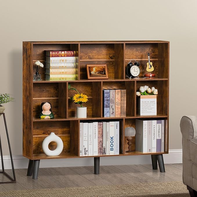LEYAOYAO 10 Cube Bookshelf,3 Tier Modern Wide Bookcase with Legs,Mid-Century Wood Bookshelves Storage，Brown Large Book Case,Freestanding Organizer Display Shelf for Bedroom,Living Room,Office