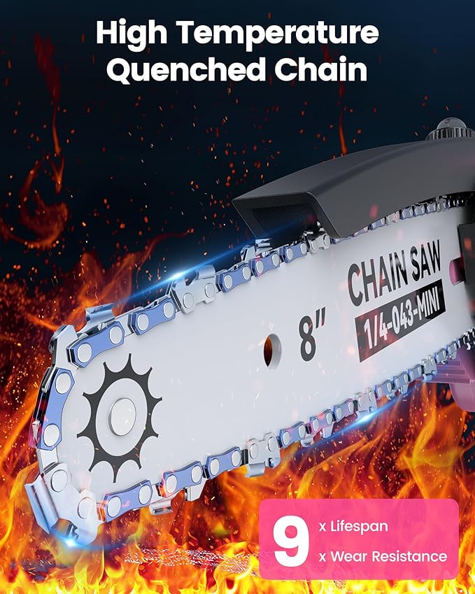 Mini Chainsaw Cordless, 8 inch & 6 inch Electric Chain Saw with 2 Pack Rechargeable Batteries, Battery Powered Handheld Saw Men Gifts for Trees Branches Trimming Wood Cutting, Pink