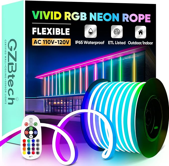 GZBtech RGB LED Neon Rope Lights 82FT/25M, AC 110-120V Waterproof Color Changing LED Rope with Remote Controller, Dimmable Multi Color Neon Rope Lighting for Indoor Outdoor Commercial Use