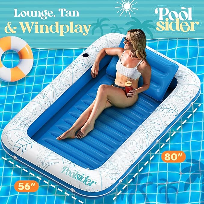 Premium Inflatable Tanning Pool Lounger | Large Inflatable Tanning Bed for Adults - 4 in 1 Multipurpose Suntan Tub | Pool Floats Adults, Inflatable Pool Float | Tanning Float - Sunbathing Pool Raft