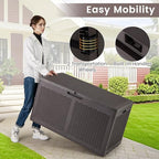 RELAX4LIFE 100-Gallon Resin Deck Box - Waterproof Outdoor Storage Box Container w/Lockable Lid & Wheels, Faux Rattan Porch Bench for Patio Furniture Cushions, Pool Accessories, Garden Tools (Brown)