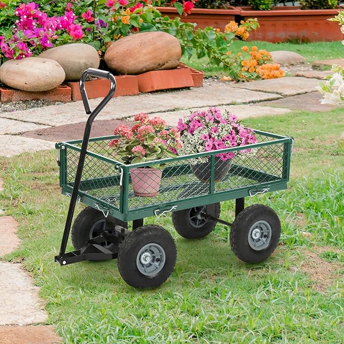 FDW Garden Cart Streel Heavy Duty 500 LBS Capacity，Utility Cart Wagon with Removable Sides and 180°Rotating Handle for Yard, Lawn and Garden Hauler (Green)