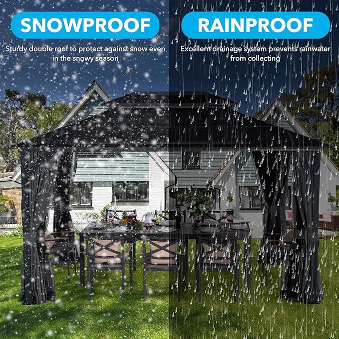 LeDoasis 10' X 13' Hardtop Gazebo, Outdoor Permanent Polycarbonate Double Roof Canopy with Breathable Netting & Privacy Curtain for Patio Backyard Garden Lawn Party