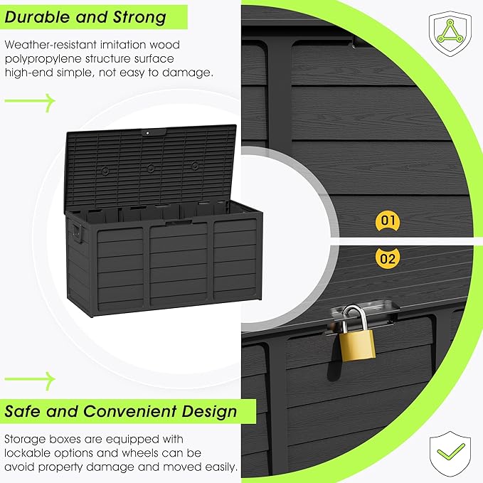 75 Gallon Outdoor Deck Box - Durable Resin Storage with Lockable Lid, for Patio Furniture Cushions, Pillows (Black)