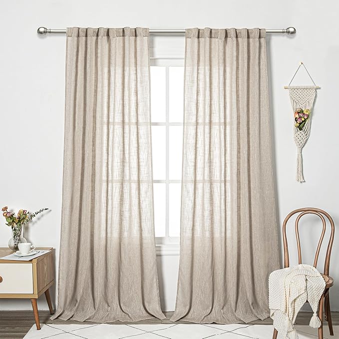 MYSKY HOME Living Room Curtains for Windows, Linen Look Texture Semi Sheers Boho Drapes Extra Long Floor Length Curtain Panels Soft Cotton Fabric, 50 x 108 Inch, Light Oatmeal, 2 PCs