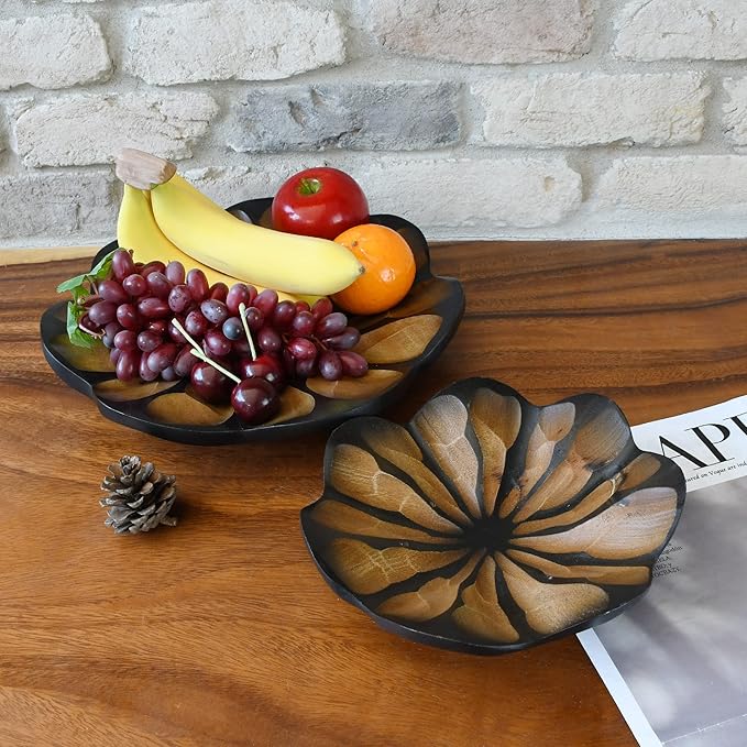 AeraVida 8-Inch Handmade Mango Wood Lotus Blossom Plate Tray | Decorative Carved Wooden Bowl for Tabletop, Entryway or Kitchen | Rustic Boho Accent Dish for Home Décor or Gifting