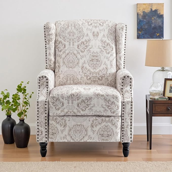 UIXE Recliner Chair, Fabric Upholstered Armchair Pushback Accent Chair for Living Room, Floral Rivet Trim Club Chair Home Theater Single Sofa Reading Seat - Beige Pattern