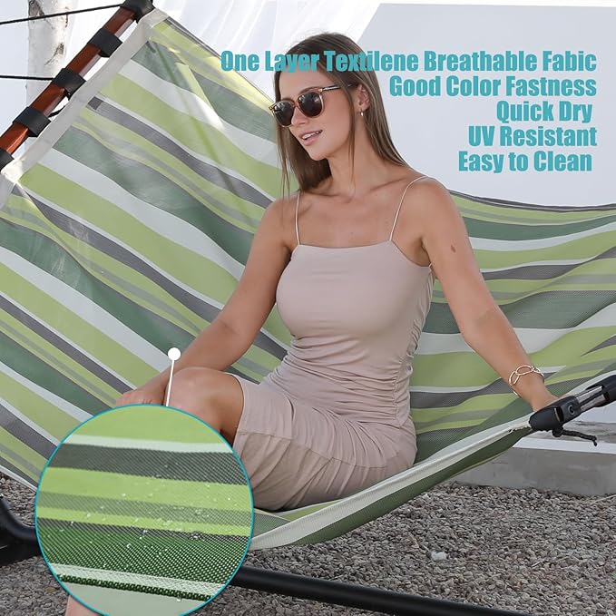 TegerDeger 12FT 2 Person Hammock Large Hammock Quick Dry 450LB Capacity with V Shaped Hardwood Spreader Bar & Nylon Rope for Outside, Patio, Garden, Backyard, Beach, Poolside - Tender Green Stripes