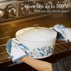 CAROTE 7QT Enameled Cast Iron Dutch Oven Pot with Lid, White & Blue | Sourdough Bread Baking with Cotton Potholders & Oven Gloves, Gift Box, Cookware for Braising, Oven Safe up to 500° F