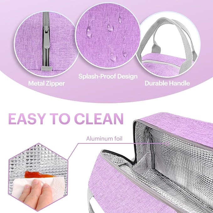 Lunch Bag for Women & Men Adult Insulated Lunch Box, Small Leakproof Cooler Food Lunch Containers Reusable High Capacity Lunch Tote Bags for Work, Travel, Outdoor (Purple)