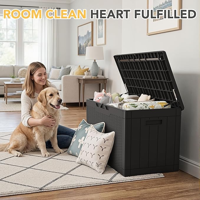 Greesum 100 Gallon Resin Deck Box Lockable Large Outdoor Storage Boxes for Garden Tools, Patio Furniture Cushions, Pool Supplies, Black