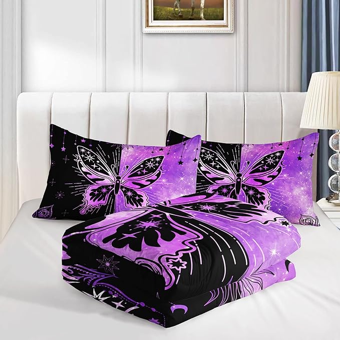 Datura home Black Purple Butterfly Comforter Set for Girls Women,Boho Butterfly Sun and Moon Mandala Printed Bedding Set with 2 Pillowcases(Black Purple Twin)
