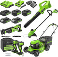 Greenworks 48V (2x24V) Electric Lawn Mower Combo Kit - 20" Mower, 12" String Trimmer, 320 CFM Blower, 1/2" Drill, 1/4" Impact Driver, 1-1/8" Reciprocating Saw - 5 Batteries, 3 Chargers, 3-Yr Warranty