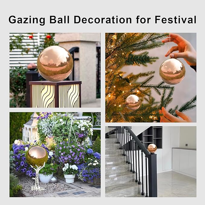 Nerien Gazing Ball, Stainless Steel Garden Mirror Globe, Polished Ornament Sphere, Hollow Floating Reflective Hemisphere, for Home Outdoor Pond Housewarming Swimming Pool Decoration, Rose Gold, 8Pcs