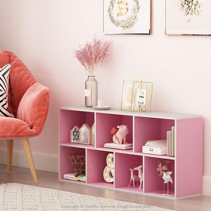 Furinno 7-Cube Reversible Open Shelf, White/Pink 11048WH/PI