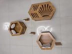 Modern Hexagonal Cat Wall Shelf System, 6-Piece Wood Wall Mounted Cat Furniture with 2 Small Hexagons, 1 Large Hexagon and 3 Climbing Steps, Geometric Cat Shelves
